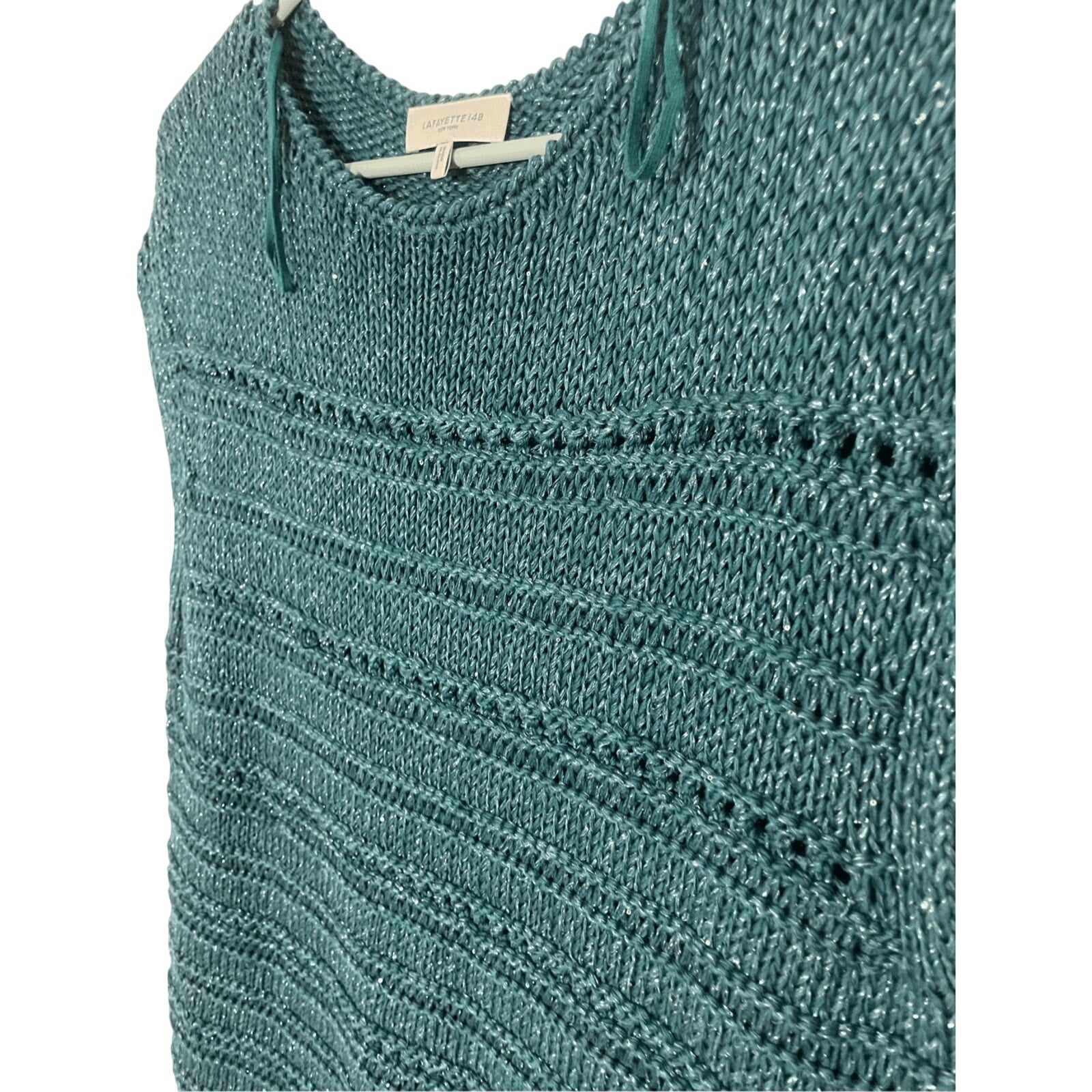 Lafayette148 Silk/Cotton Teal Open Stitch Micro Paillette CoastalGrandma Sweater