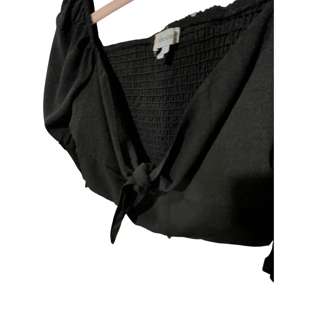 Love Letter Collection Boho Black Front Tie Cropped Blouse Stretchy L Cottage