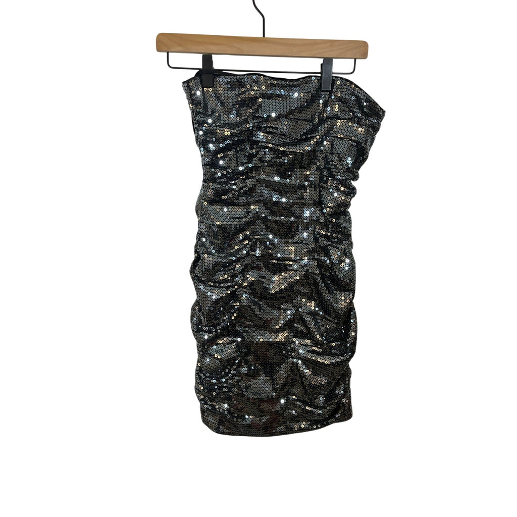 AQUA Platinum Strapless Sequin Cocktail Dress Ruched Bodycon Party Mini Dress 2