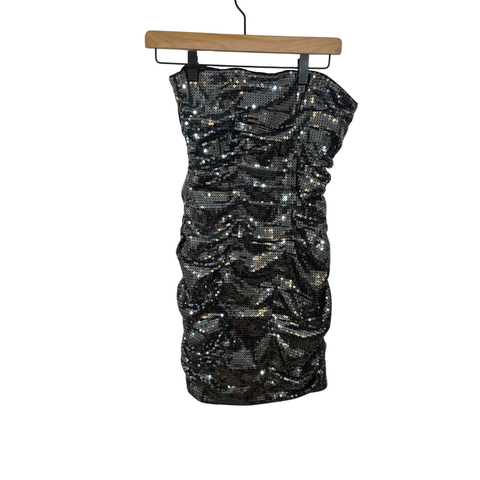 AQUA Platinum Strapless Sequin Cocktail Dress Ruched Bodycon Party Mini Dress 2