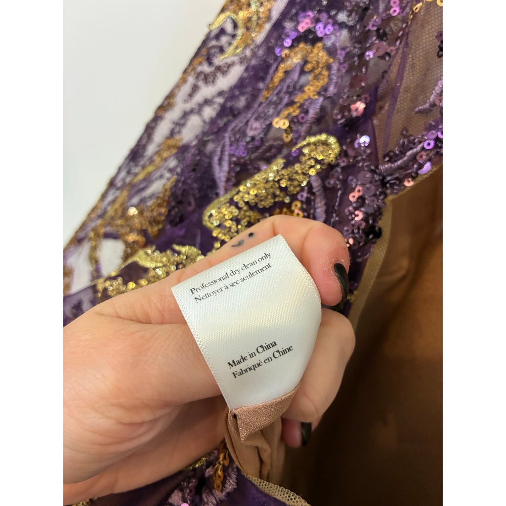 NWT Marchesa Notte 12 Embellished Tulle Evening Gown Purple Gold Velvet Trim