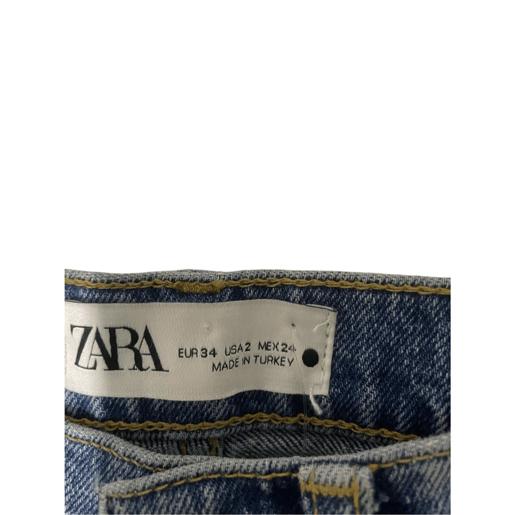 NWT Zara High Waisted Kick Crop Faux Distressed Jeans Casual Dark Wash Denim