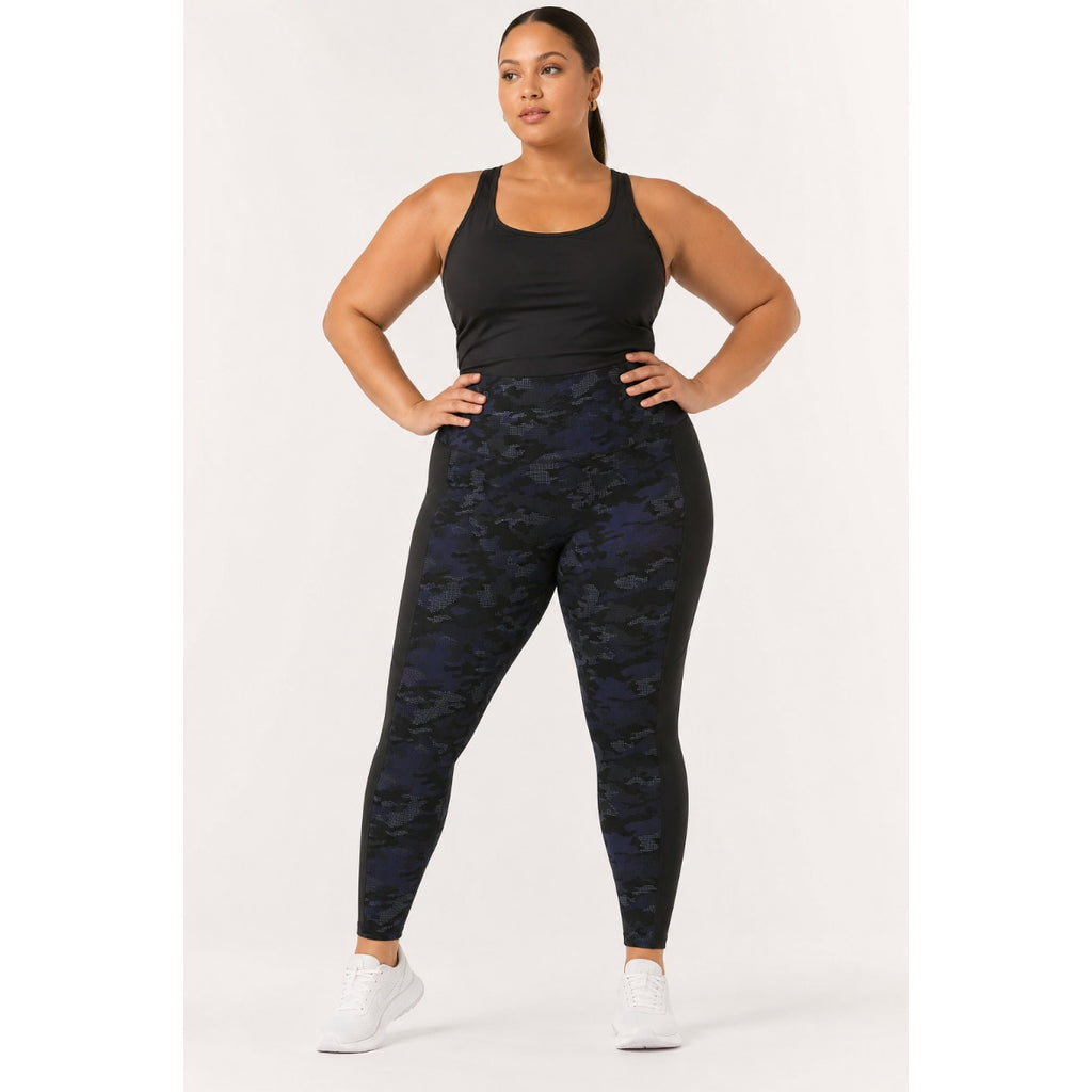 SPANX Womens Camo Print Active Leggings Blue/Black 1X Athleisure Normcore Gym