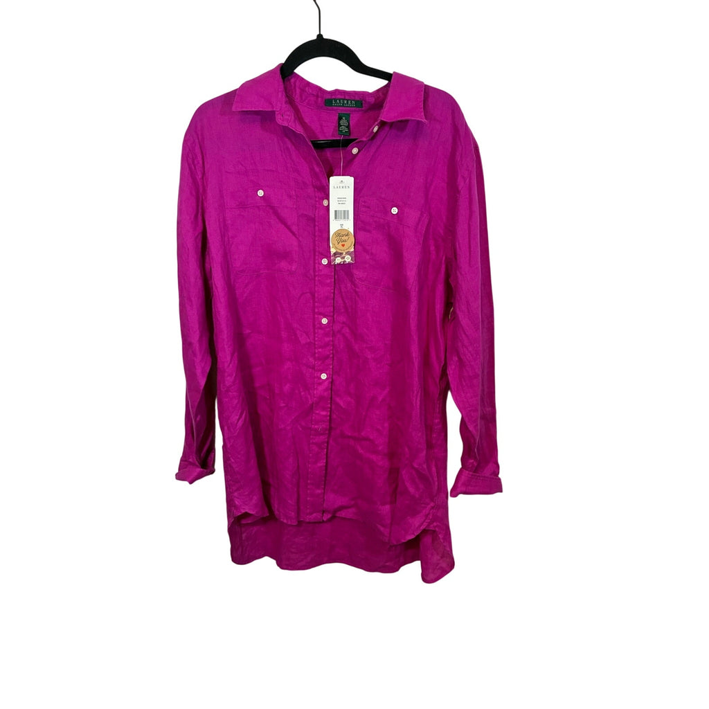NWT Fuschia Lauren Ralph Lauren Linen Button Front Blouse XL Coastal Grandma
