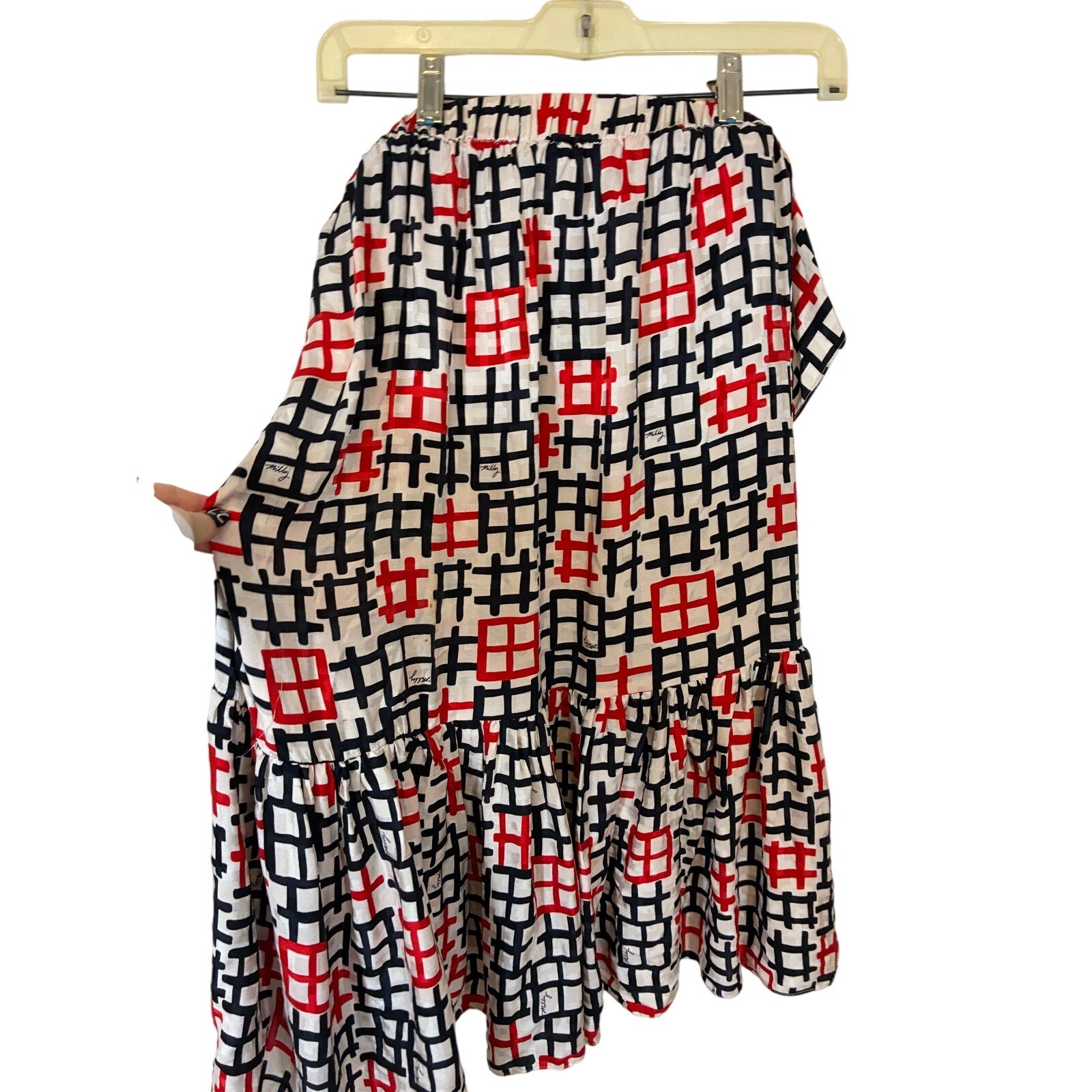 Milly Tiered Cotton Poplin Dress Printed Smock Resort Art Deco Geometric M