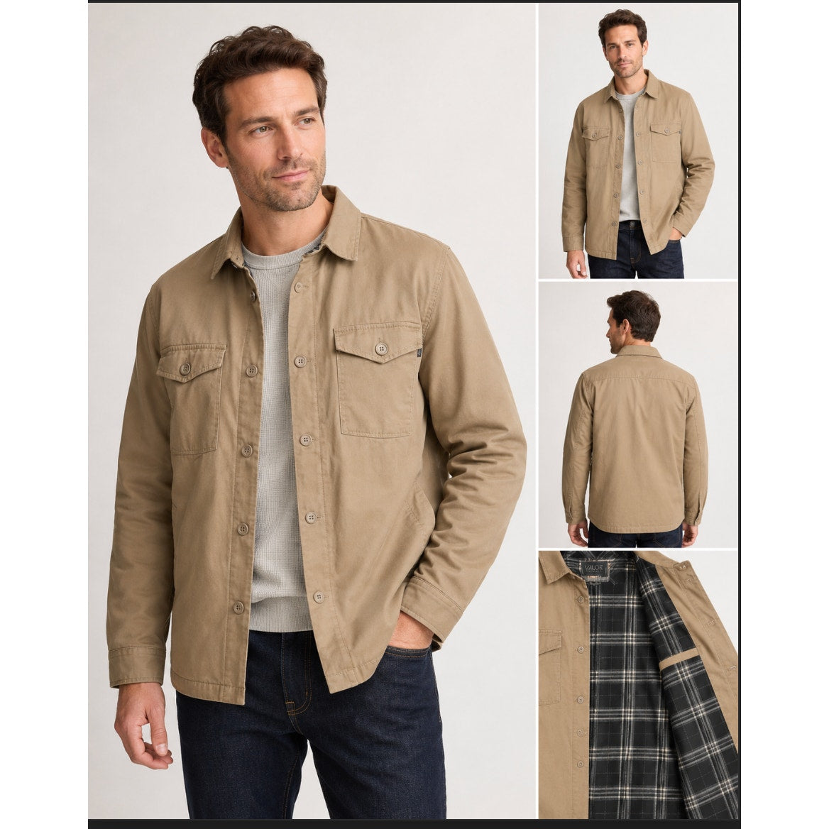 NWT Valor Men's Tan Trucker Front Plaid Lined Button Chore Jacket Menswear