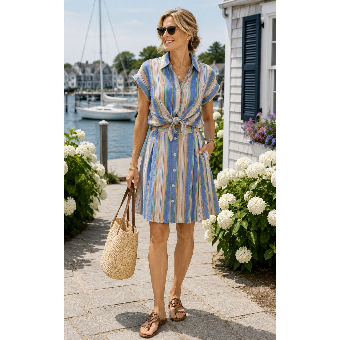 Talbots Linen Tie Hem Button Front Top Swing Stripe 0P Preppy Nautical Set