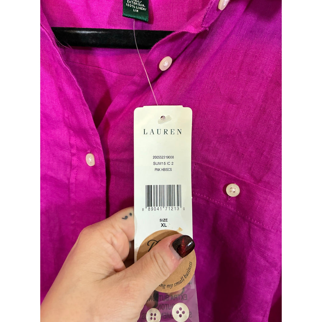 NWT Fuschia Lauren Ralph Lauren Linen Button Front Blouse XL Coastal Grandma