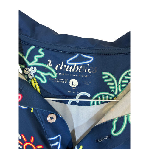 Chubbies Mens Performance Golf Polo Neon Flamingo Drinks Martini Blue Sz L
