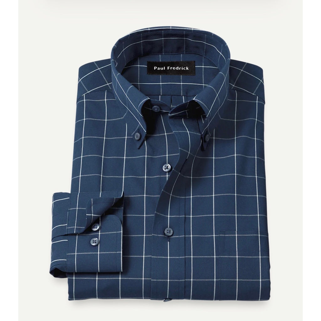 Paul Fredrick Blue Grid Check Dress Shirt Mens 17.5  Button Down Long Sleeve New