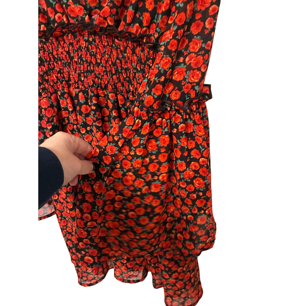 Cider Floral Mini Dress XS Red Black Goth Whimsygoth Bell Sleeve Smocked Grunge