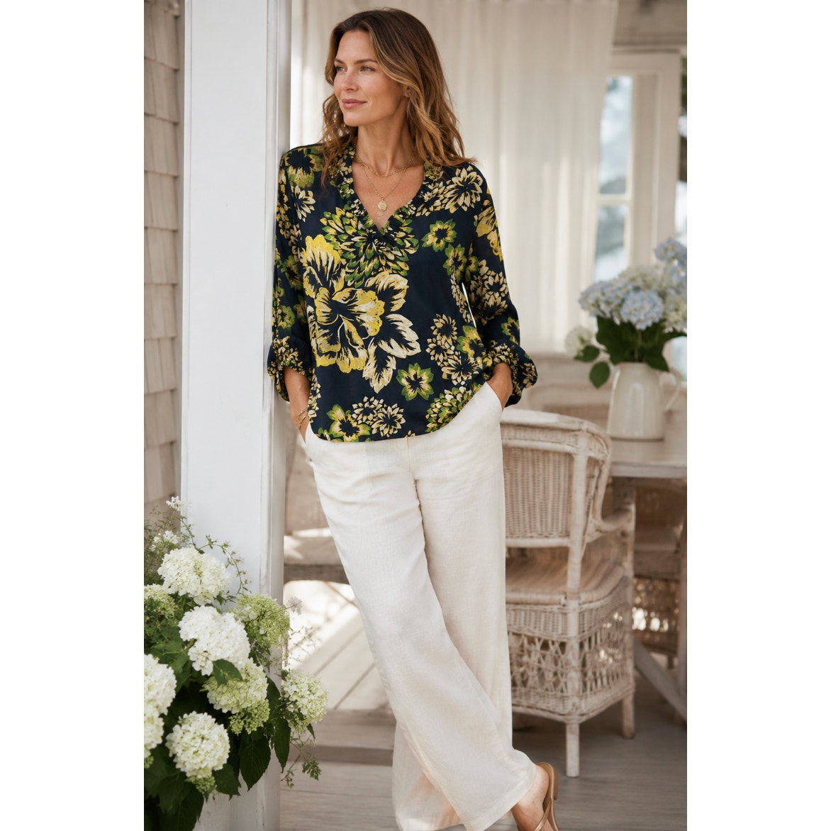 Banana Republic Floral Long Sleeve Bohemian Minimalist Coastal Grandma Blouse