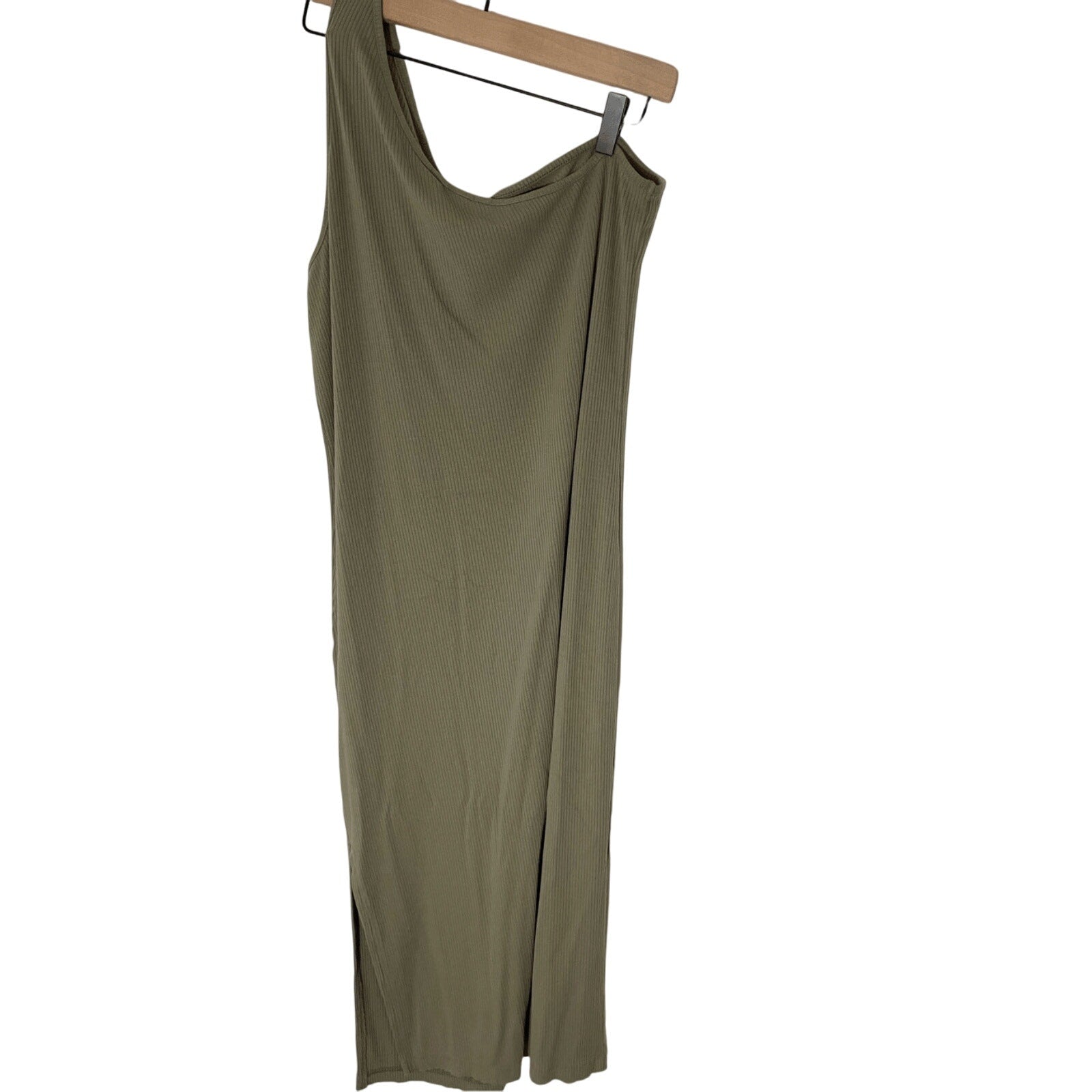 Banana Republic Tate Olive Green Ribbed Modest ONE-SHOULDER DRESS Sz  L