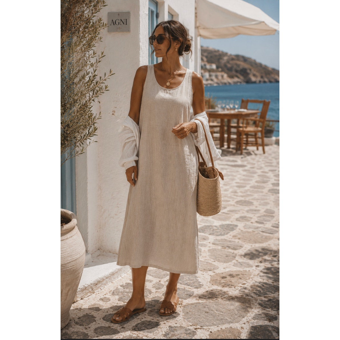 Erika Women's Vintage Nude Colored Maxi Tank Linen Coastal Grandma Cottage Dress