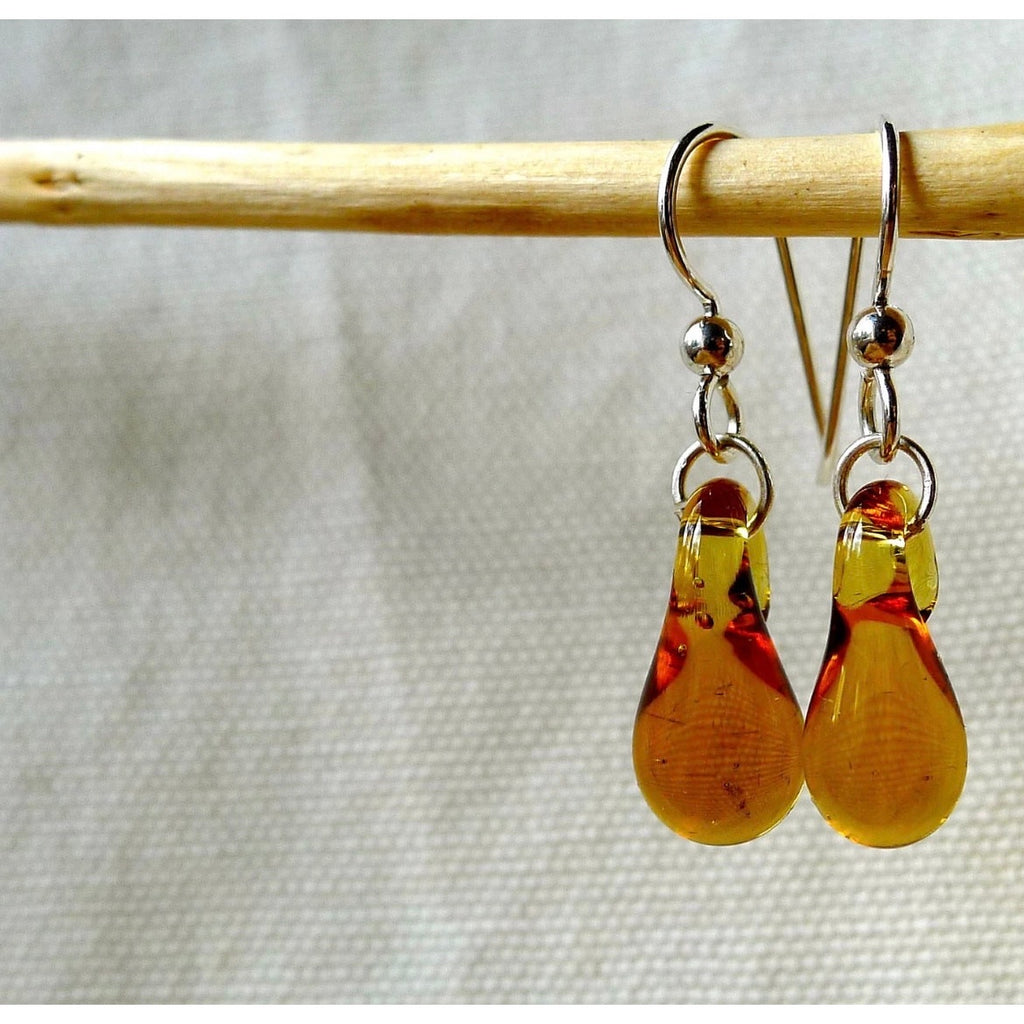 Vintage Amber Resin Drop Earrings Honey Yellow Boho Earthy Natural Gemstone