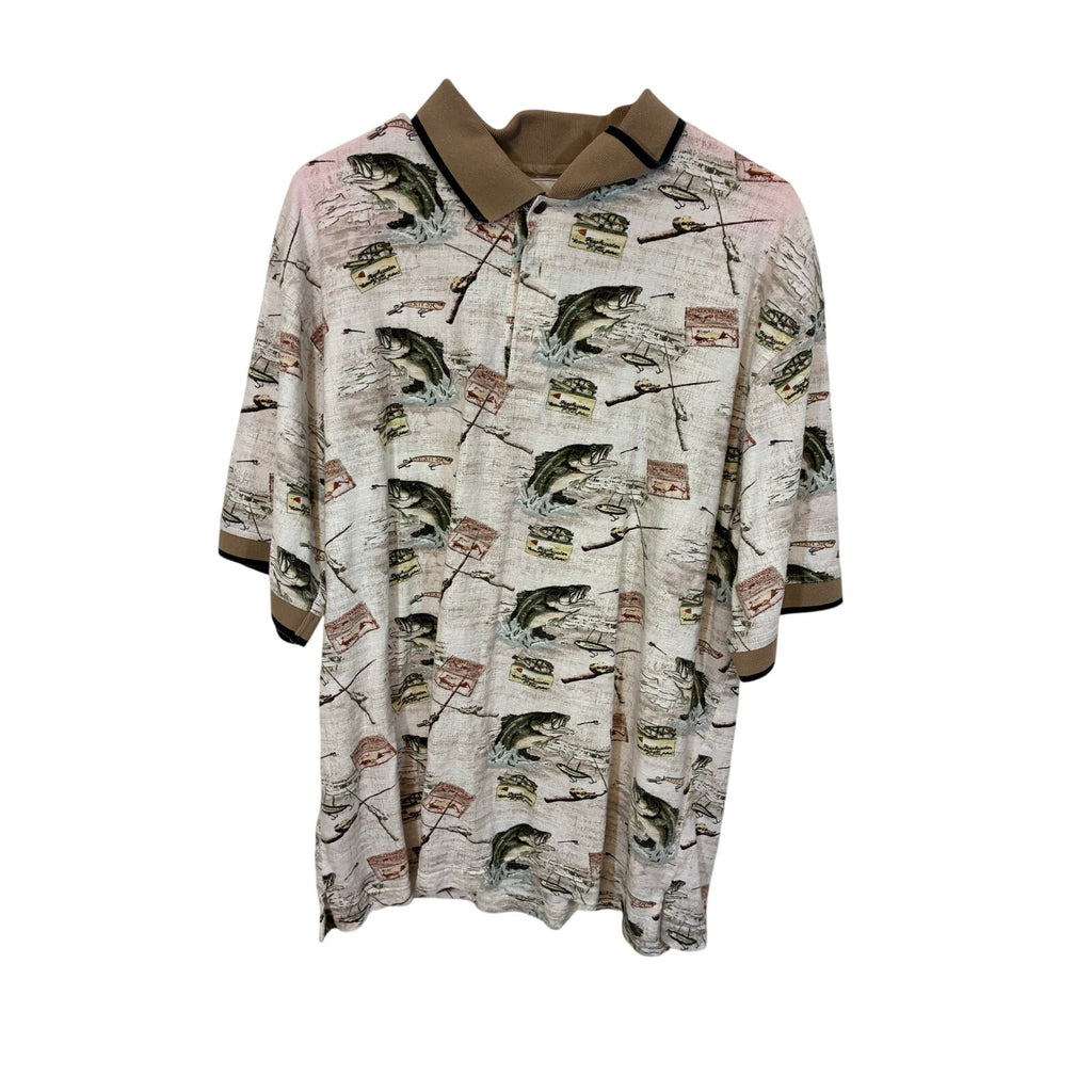 American Summer Polo Shirt Mens XL White  AOP Bass Fishing Print Casual Grandpa