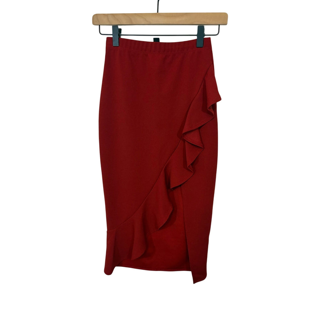 Windsor Burgundy Ruffle Wrap Bodycon Skirt Date Night Clubwear XS