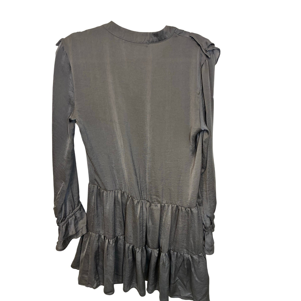 Bishop & Young Finley Long Sleeve Ruffle Boho Mini Dress Gray Preppy Minimalist