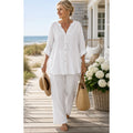 Sigrid Olsen 100% Linen Tunic Top Blouse Women XL White Roll Tab Lagenlook Beach