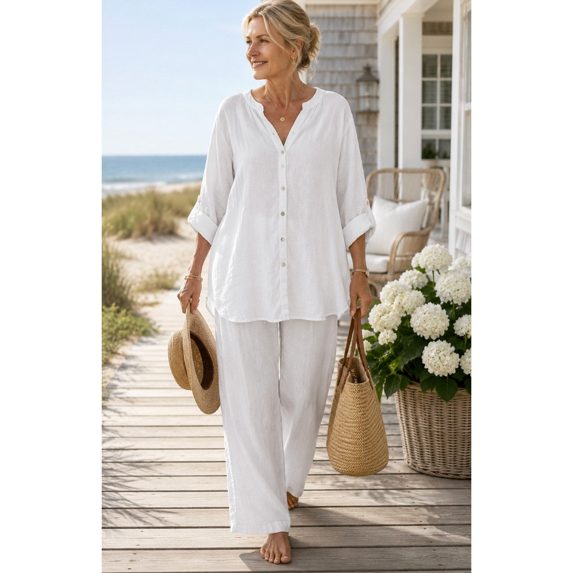 Sigrid Olsen 100% Linen Tunic Top Blouse Women XL White Roll Tab Lagenlook Beach