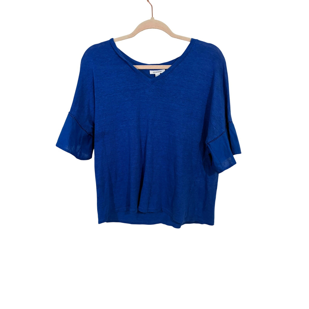 Chico's Women's Short Sleeve Pullover Linen Royal Blue Stretch Size 2 (US L) Top