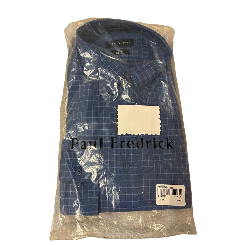 Paul Fredrick Blue Grid Check Dress Shirt Mens 17.5  Button Down Long Sleeve New