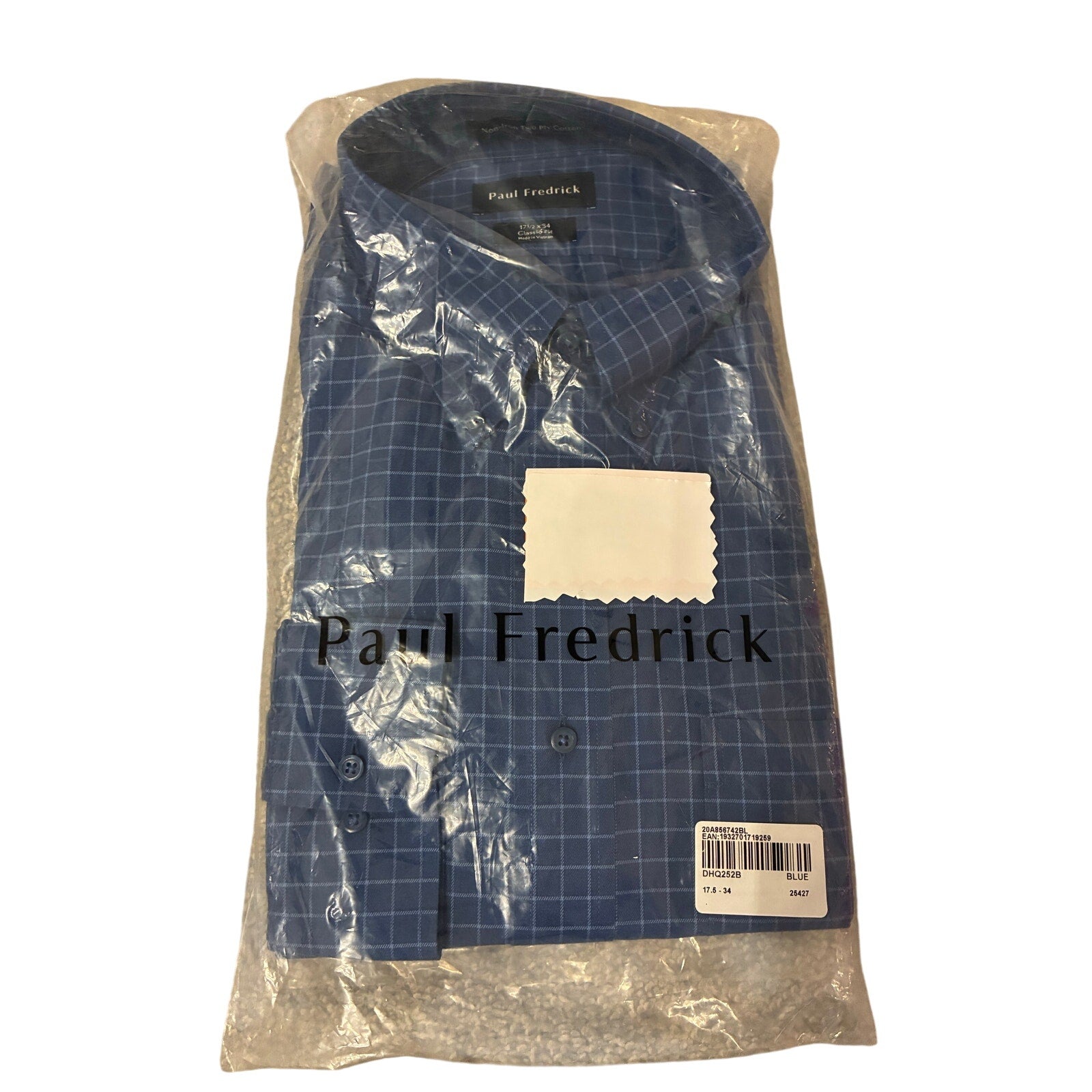 Paul Fredrick Blue Grid Check Dress Shirt Mens 17.5  Button Down Long Sleeve New