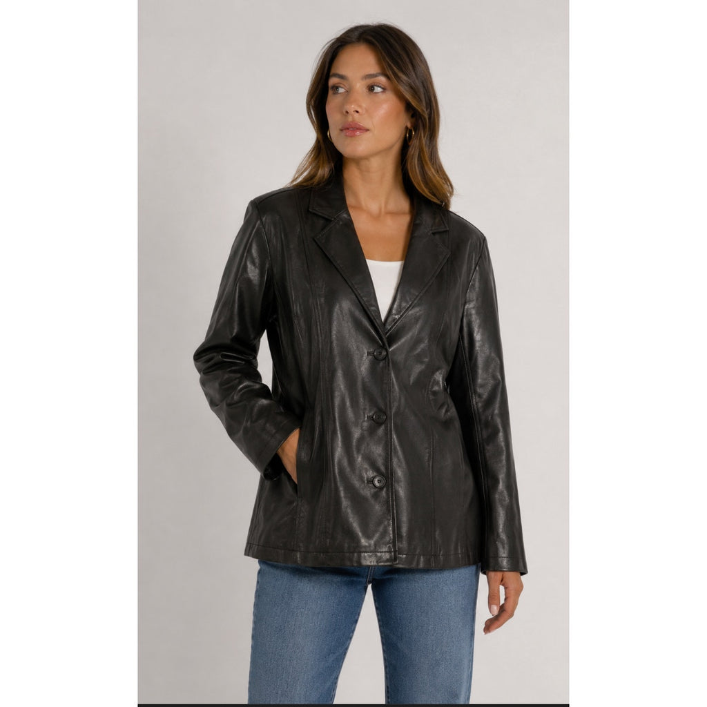 Mountain Lake Petite Women's XL Faux Leather Blazer Jacket Black 3 Button