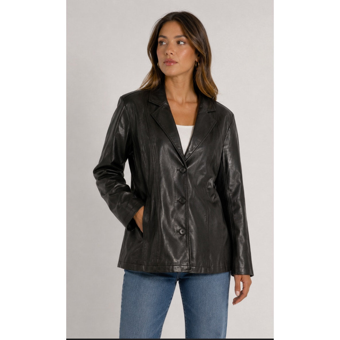 Mountain Lake Petite Women's XL Faux Leather Blazer Jacket Black 3 Button