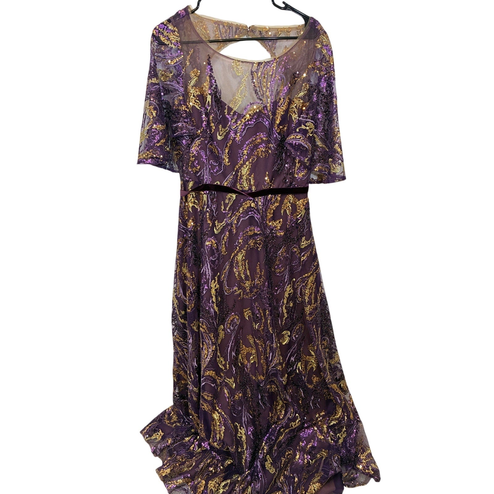 NWT Marchesa Notte 12 Embellished Tulle Evening Gown Purple Gold Velvet Trim