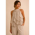 Elena Solano Women Old Money Nude Linen Front Tie Formal Dressy Ruffle S Blouse