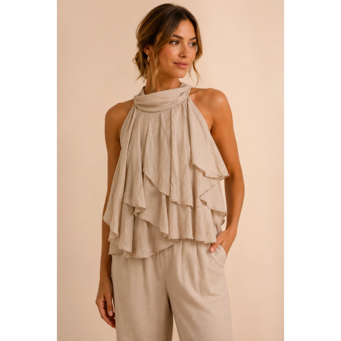 Elena Solano Women Old Money Nude Linen Front Tie Formal Dressy Ruffle S Blouse