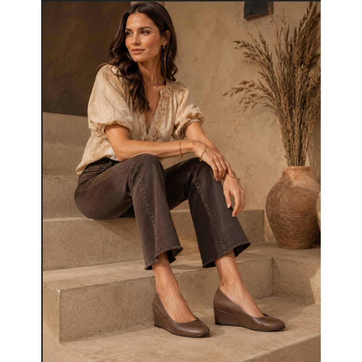 Brown Stuart Weitzman Faux Alligator Printed Wedges Art Deco Boho Western South