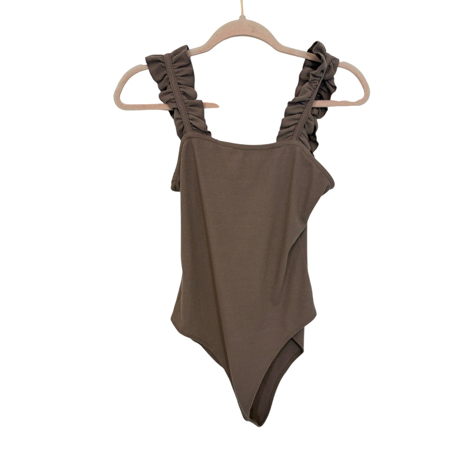 Entro Tan Ribbed Ruffled Tank Sleeveless Bodysuit Basic Casual Normcore Layer