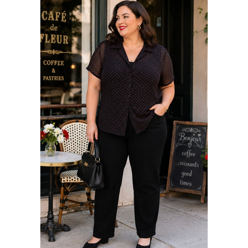 Emma James Shirt Size 18 Black Sheer Lined Short Sleeve Knit Top Polka Dot Retro
