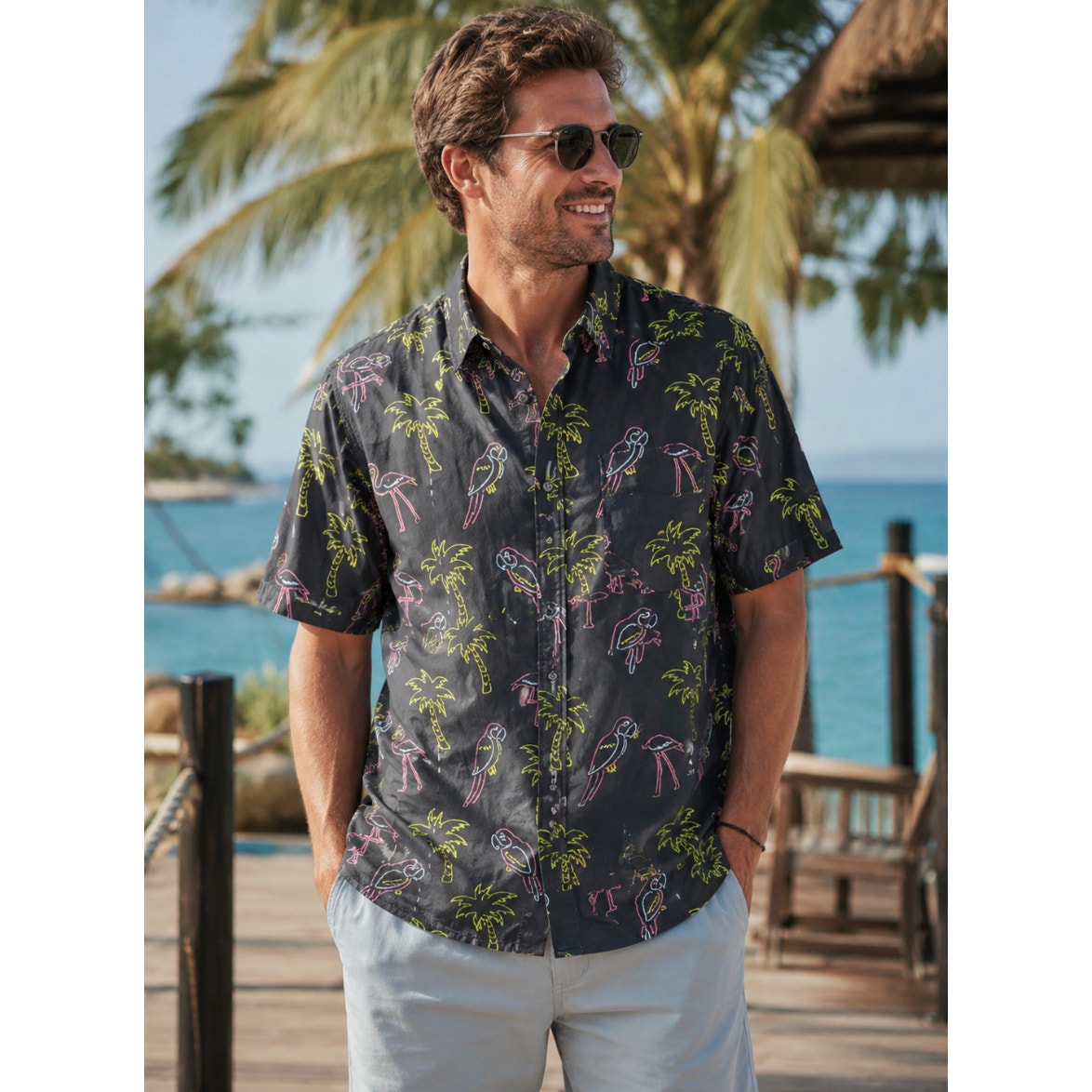 Ocean Current Men's Novelty Neon Miami Cotton Bachelor Casual Button Shirt XL
