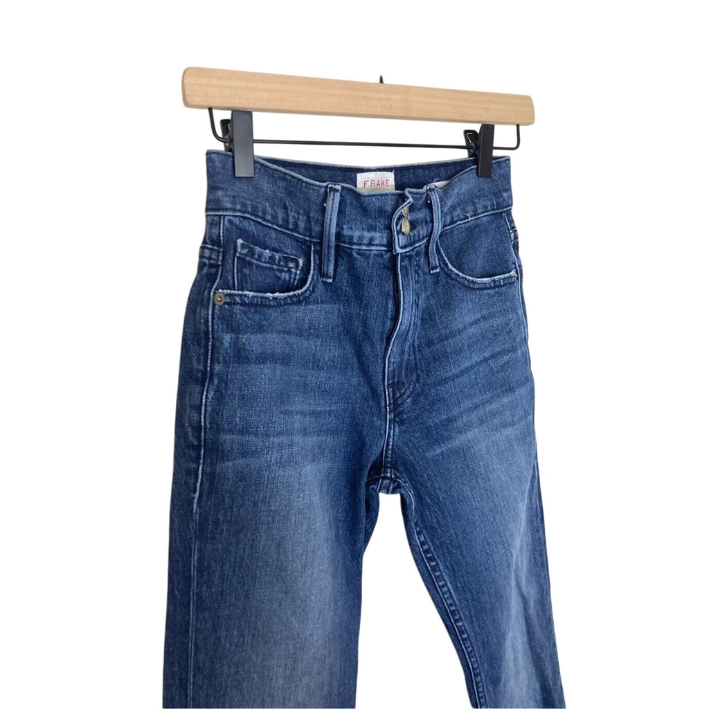 Frame Le Sylvie Slender Straight Leg Jeans Heritage Raw Hem Preppy Dark Wash