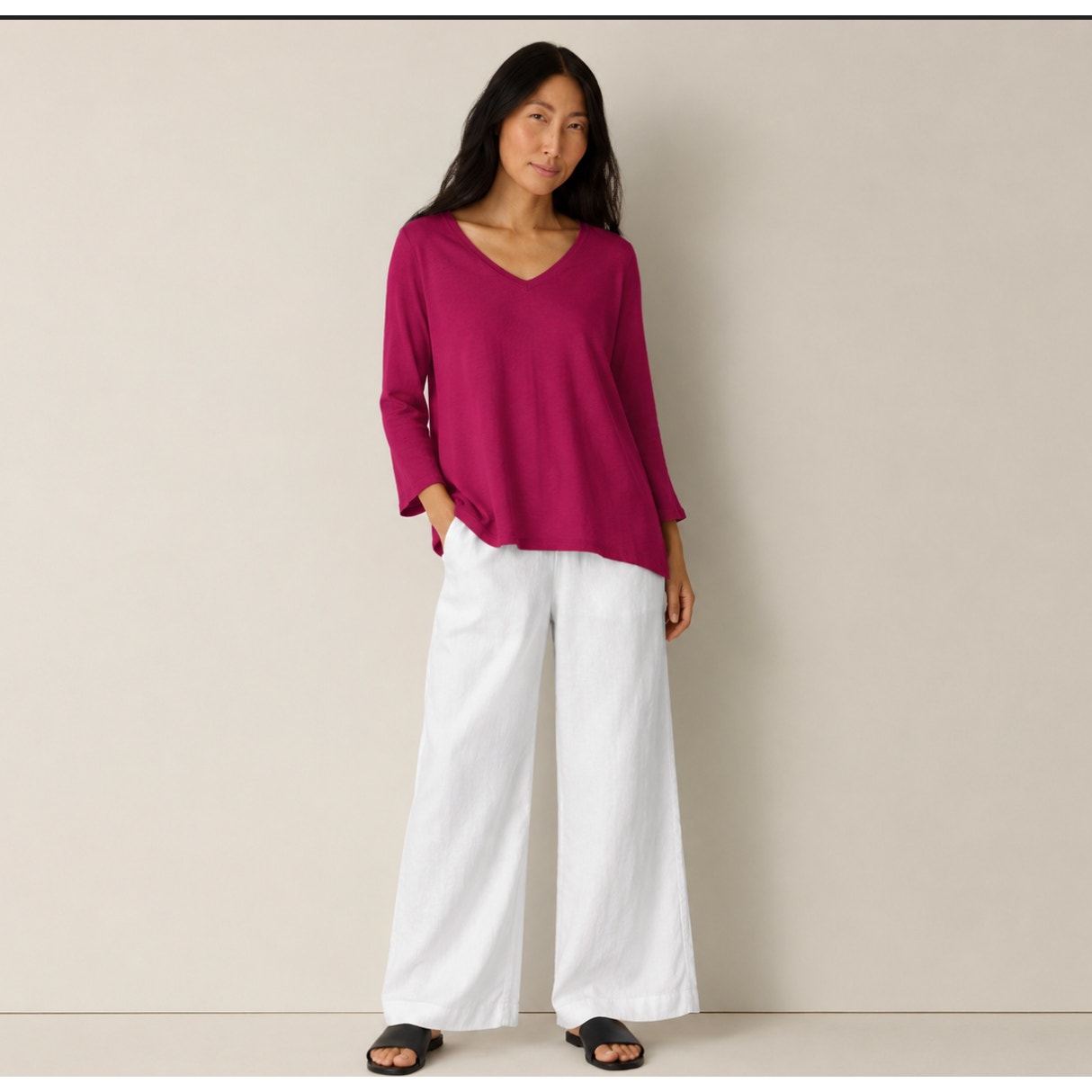 Eileen Fisher fuchsia VNeck Long Sleeve Linen Tunic Lagenlook PopColor Preppy XS