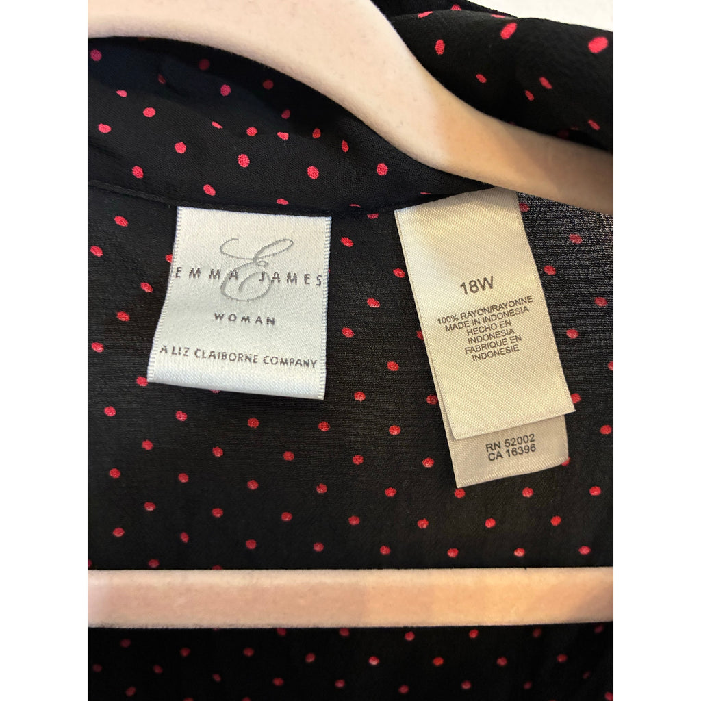 Emma James Shirt Size 18 Black Sheer Lined Short Sleeve Knit Top Polka Dot Retro