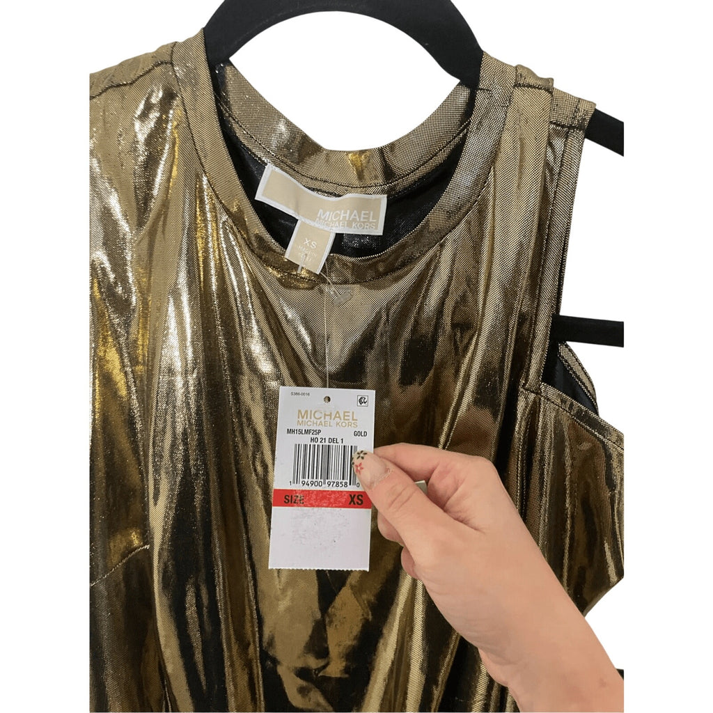 NEW Michael Kors Womens Gold Metallic Foil Cold Shoulder Regency Glam Formal Top