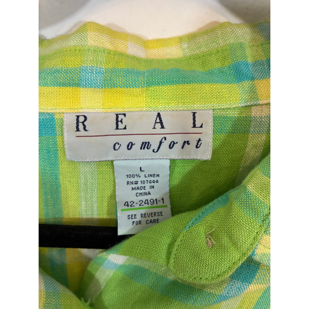 Real Comfort Green Linen Plaid Shirt Lightweight Button Down Casual Minimalist L