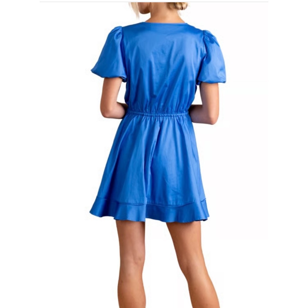 NWT S’Edge Delilah Puff Sleeve Mini Dress Blue Prep Minimalist Stretchy Girly M