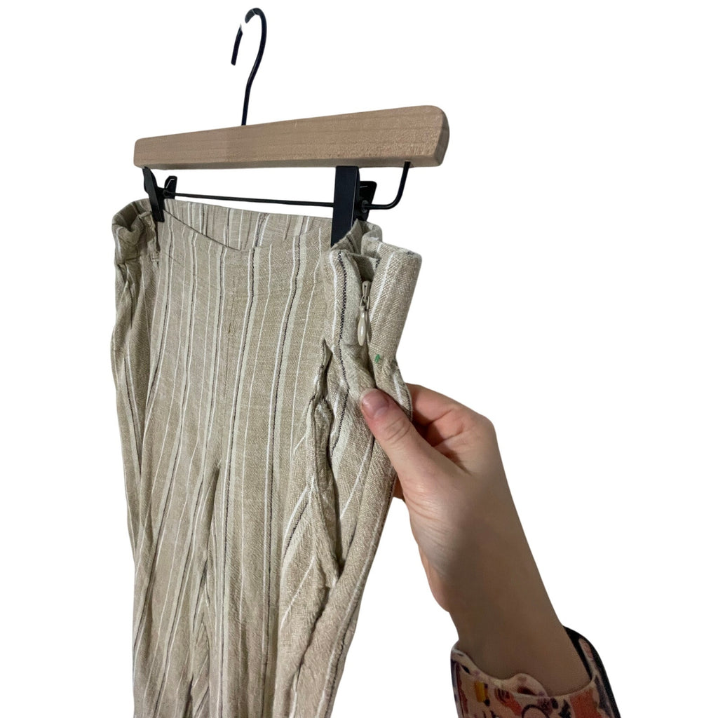 J.Jill Women's Tan White Stripe Coastal Grandma Lagenlook M Linen Wide Leg Pants