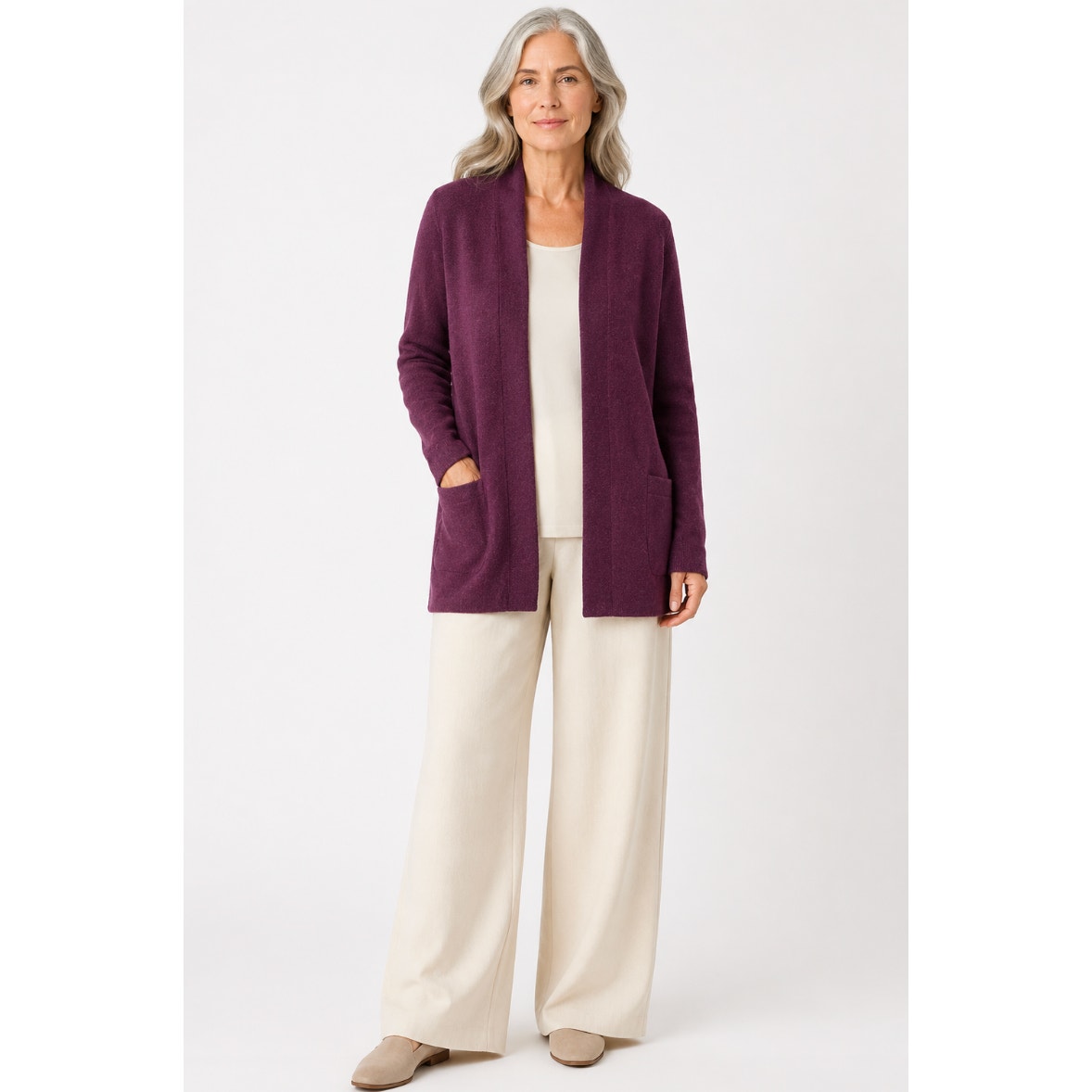 Eileen Fisher Lightweight Boiled Wool High Collar Plum Cardigan