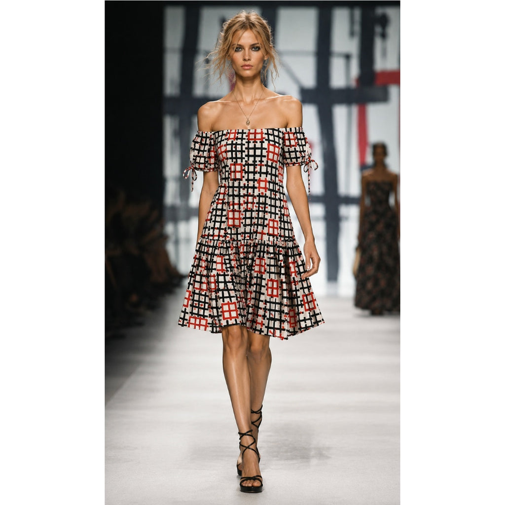 Milly Tiered Cotton Poplin Dress Printed Smock Resort Art Deco Geometric M