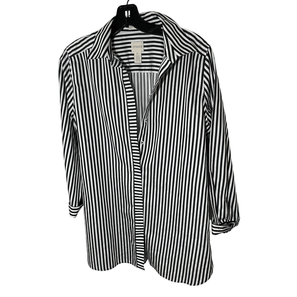 Chico's No Iron Cotton Women's Striped Dress Shirt Preppy Old Money Luxury Sz 1P