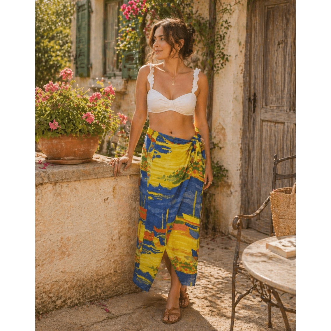 Vintage Jams World Low Tide Blue Yellow Sail Boats Tie Wrap Skirt S Coastal Boho