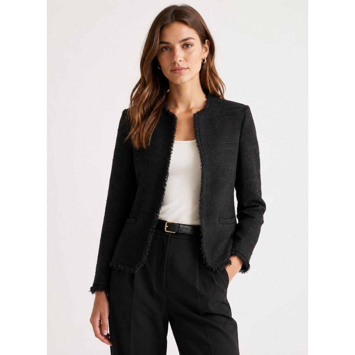 Banana Republic Women's Black Preppy Academia Minimalist Cotton Tweed Blazer 6