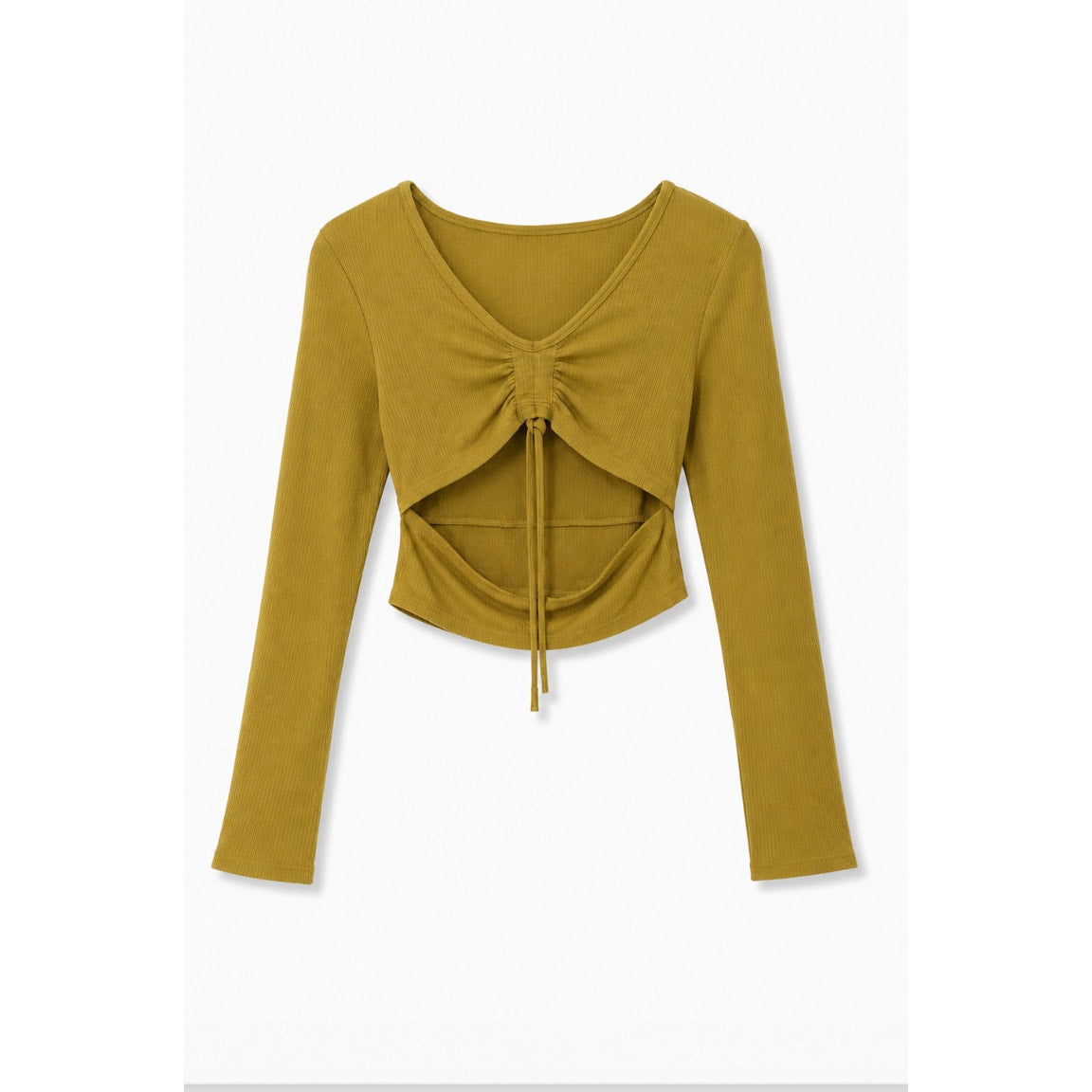 Olive Mustard Ribbed Knit Cutout Crop Top Ruched Front Small Concert Festival