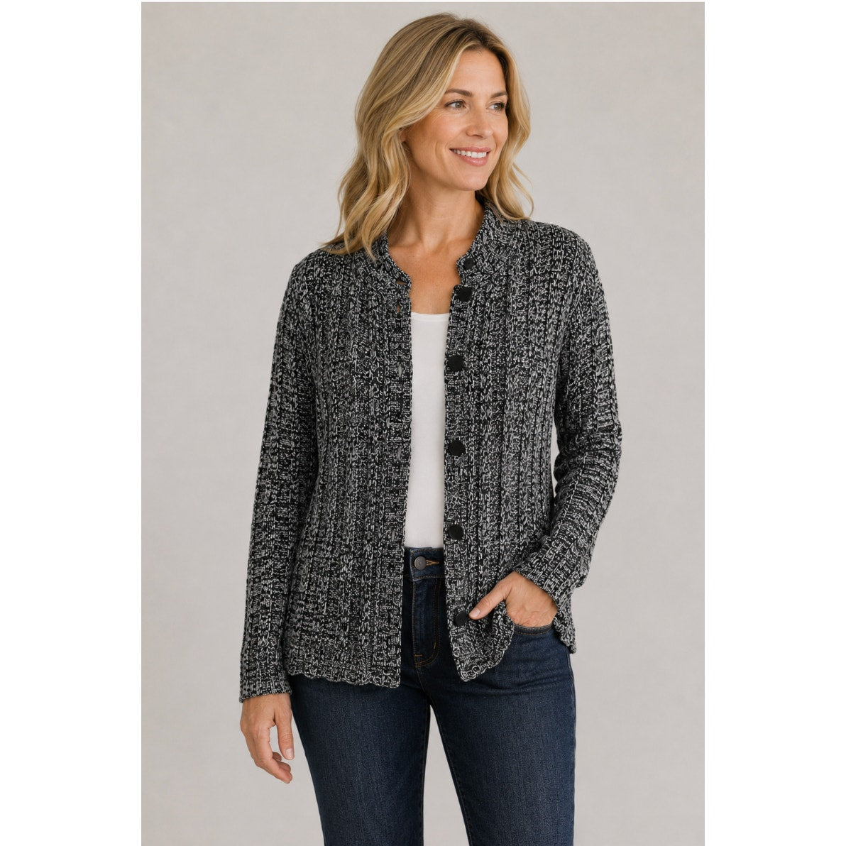John Paul Richard Front Button Grey Acrylic Cardigan Lagenlook Coastal Grandma M